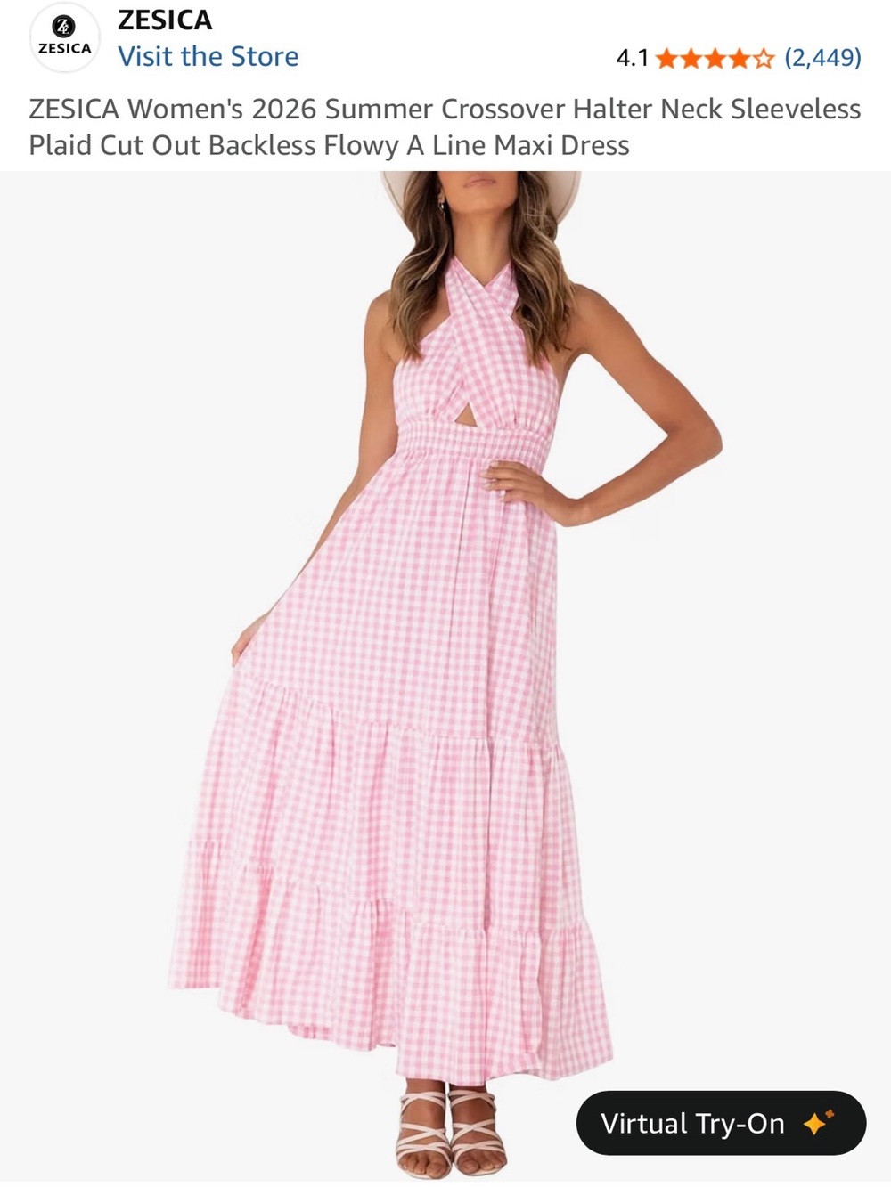 ZESICA Pink Gingham Halter Maxi Dress